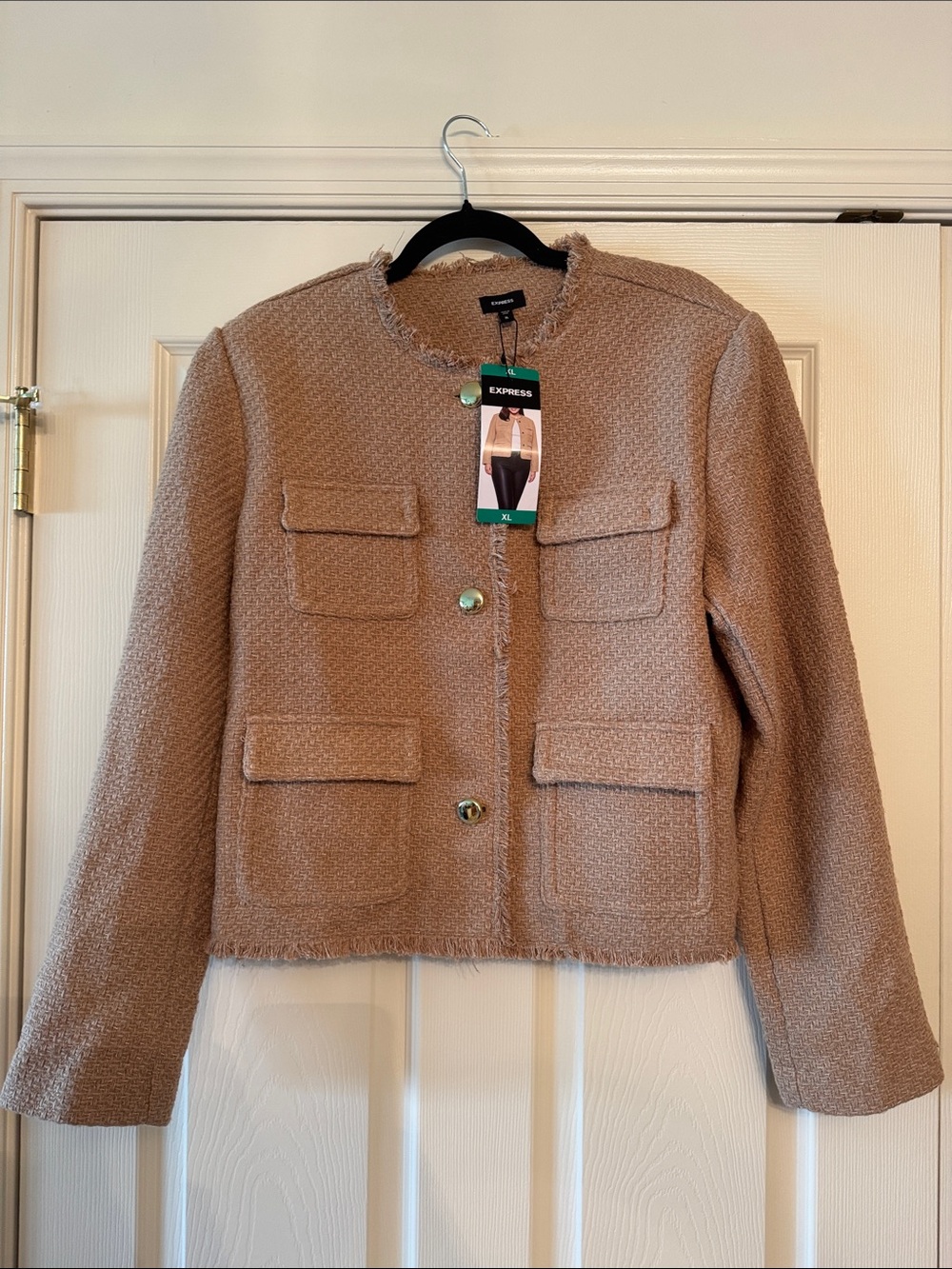 Express Women’s Tan Bouclé Cropped Pocket Jacket